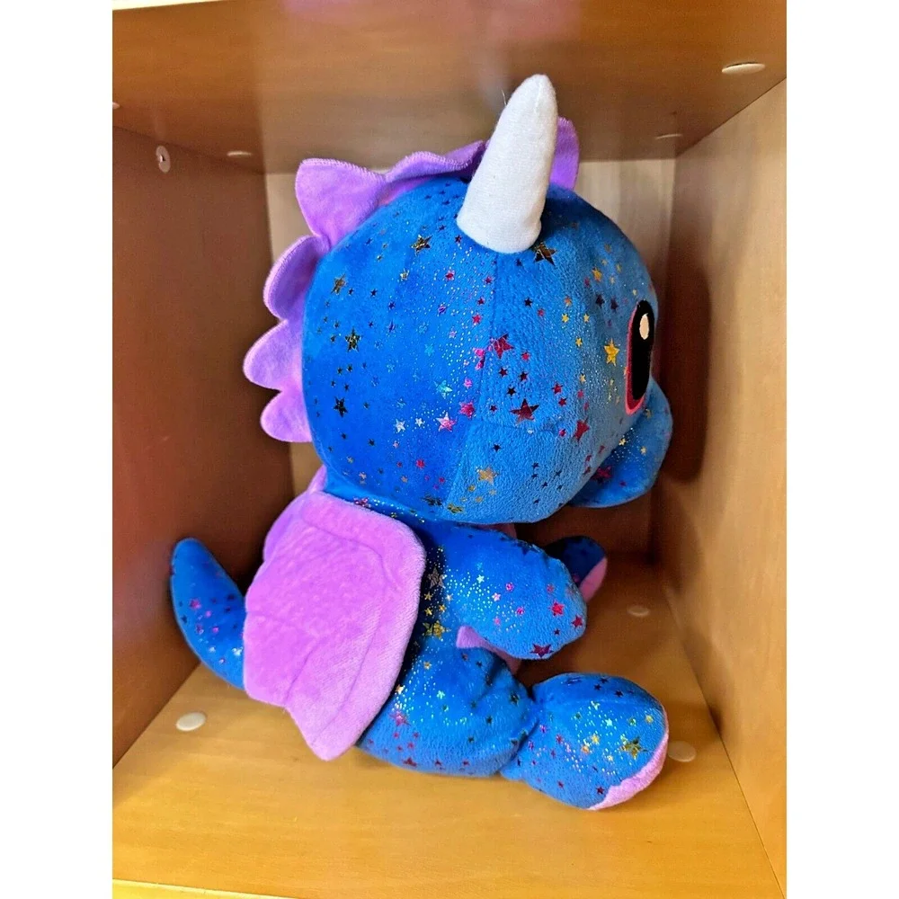 Six Flags Dragon Plush Winged Blue purple Sparkly Stars 12 inch Prize